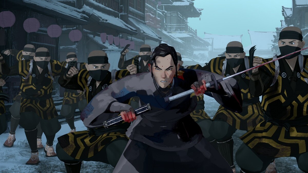 Modrooký samuraj bojuje a tasí meč